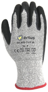 Schnittschutzhandschuh PU Artus Silko Cut B, 10 Paar, Arbeitshandschuhe, Montagehandschuhe, Schutzhandschuhe, Strickhandschuhe, weiß/schwarz meliert,