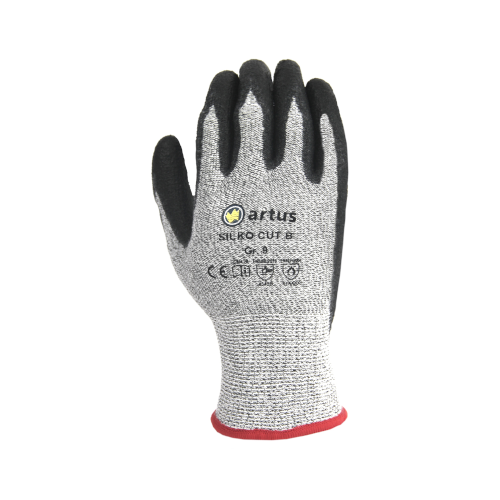 Schnittschutzhandschuh PU Artus Silko Cut B, 10 Paar, Arbeitshandschuhe, Montagehandschuhe, Schutzhandschuhe, Strickhandschuhe, weiß/schwarz meliert,